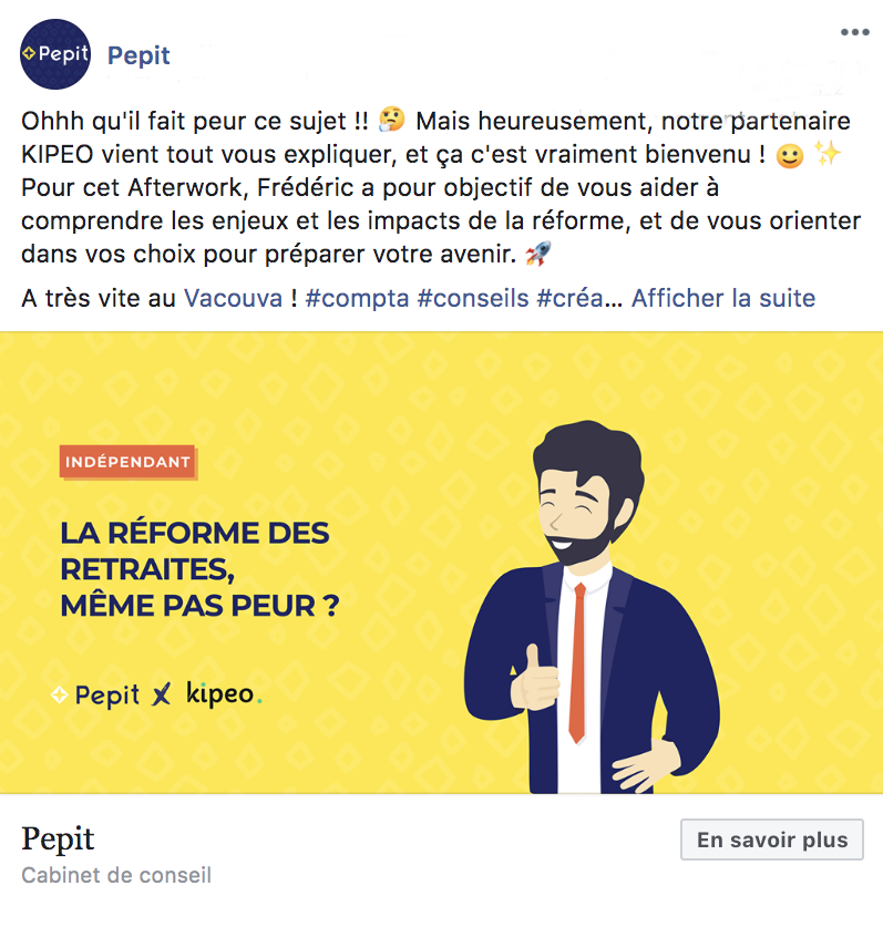 Post Facebook de Pepit, cabinet Tiime Partner